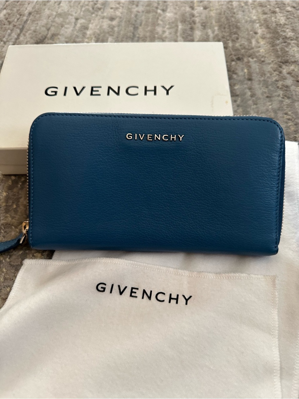 Givenchy Teal-Blue Leather Zip-Around Wallet with Gold Logo
